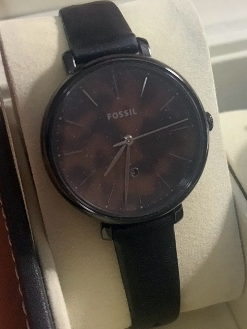Fossil Jacquline Black Leather Strap Watch with Brown Tortoiseshell Dial